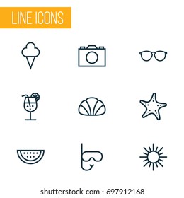 Sun Outline Icons Set. Collection Of Melon, Cocktail, Sunny And Other Elements. Also Includes Symbols Such As Starfish, Star, Camera.