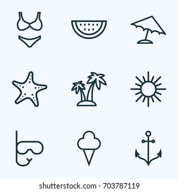 Sun Outline Icons Set. Collection Of Armature, Ice Cream, Umbrella And Other Elements. Also Includes Symbols Such As Diving, Palm, Umbrella.