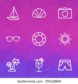 Sun Outline Icons Set. Collection Of Conch, Photo, Lifesaver And Other Elements. Also Includes Symbols Such As Camera, Briefs, Cocos.