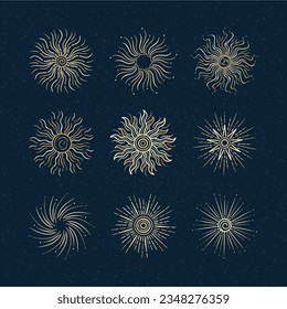 Sun outline illustration. Sun line art drawing. Hand drawn sun. Sun Sketch. Vector illustration. happy holiday vacation element.