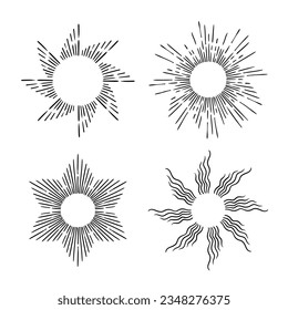 Sun outline illustration. Sun line art drawing. Hand drawn sun. Sun Sketch. Vector illustration. happy holiday vacation element.