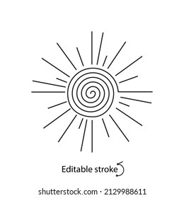 Sun outline logo. Hypnosis concept. Minimal sunny emblem. Bohemian sign. Elegant badge for company branding. Editable stroke. Isolated vector stock illustration
