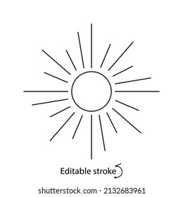 Sun outline logo. Sunny signboard. Bohemian emblem. Elegant badge for company branding. Customizable linear contour symbol. Isolated vector stock illustration