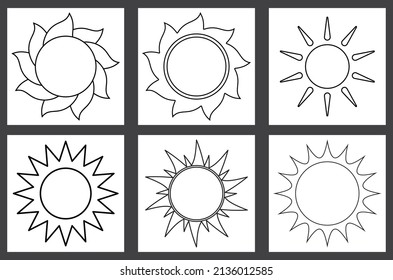 Sonnenumriss. Kunstsymbole unterschiedlicher Sonnenform. Vektorgrafik einzeln auf Weiß