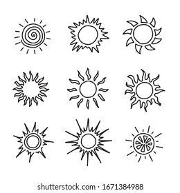 Sun outline set. Simple doodle style. Vector stock illustration