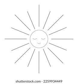 Sun outline vector coloring illustretion. Icon sun smiles and long rays recede to the sides. Sun for icons, stickers, cover, print, textile, merch, pattern, paper.