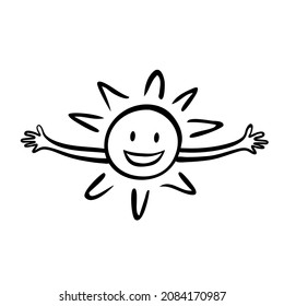 Sun with outstretched hands, eyes and mouth, freehand doodle. Black ink sketch. Children's drawing. Weather icon, nature, travel, print for t-shirt, cups