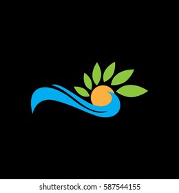 Sun over Abstract Plant Logo Farm design vector template circle shape. Natural Organic Fresh products Logotype concept icon