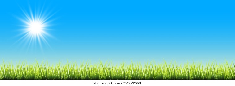 Sun over a field of green grass. Natural panoramic with bright sunlight background. Realistic sunrise with blue sky and grassy meadow. Sunburst lighting. Vector illustration