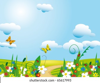 The sun over a flourishing meadow. Vector illustration