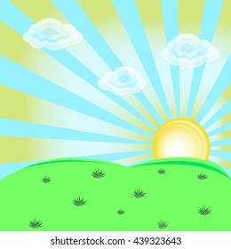 Sun over green meadow. Summer clear day. In the sky white clouds