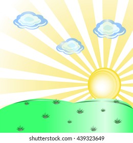 Sun over green meadow. Summer clear day. In the sky blue clouds