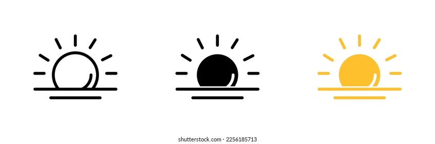 Soltar sobre el icono de la línea del horizonte. Cielo, cuerpo celestial, día, noche, puesta de sol, amanecer, luz. Concepto de naturaleza. Icono de vector en línea, estilo negro y colorido sobre fondo blanco