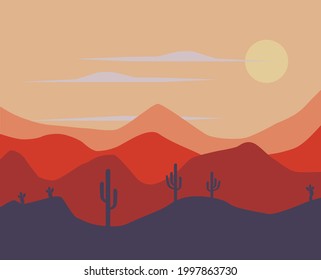 The sun over the mountains, hills. Sunset over the mountains.  Desert landscape. Cacti in the desert. Silhouettes of cacti.