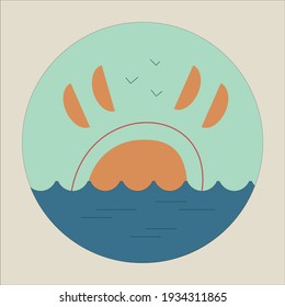 El sol sobre el océano con pájaros en picada