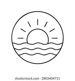 Sun over ocean waves inside circle, sun over ocean outline icon for sea sunset, sunrise, beach horizon and simple seascape design