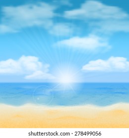 Sun over the sea horizon and the clouds. Vector natural background.