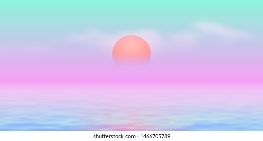 Sun over the sea with sun road and vaporwave 90s styled calm blue and pink colors