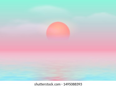 Sun over the sea with sun road and vaporwave 90s styled calm blue and pink colors