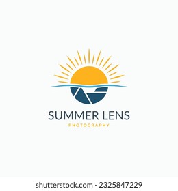 Sun over water ocean waves with camera lens shutter combination logo design design vector icon illustration