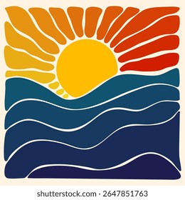 The sun over the waves abstract vintage illustration