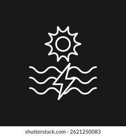 Sun Over Waves and Lightning Bolt Icon White Lines on Black for Renewable Energy and Environmental Concept