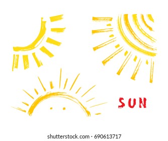 Sun Paint Brush Strokes Vector Set. Hand drawn Grunge Yellow Suns