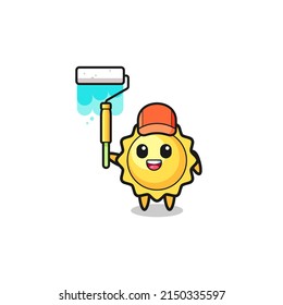 the sun painter mascot with a paint roller , cute design