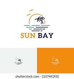 Sun Palm Bay Beach Coast Sea Nature Tour Travel Line Style Logo