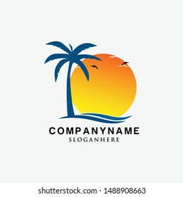 Sun palm Beach logo design Vector