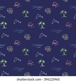 Sun, palm, sea, dolphin, wave, umbrella. Seamless pattern vector.