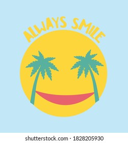 sol, palmera y hamaca como una sonrisa. enviar mensajes de texto siempre sonriendo. ilustración vectorial para verano, vacaciones y colecciones felices.