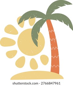 Sun with palm tree on shore, textured shapes and grain, bold silhouette composition. Symbol of vacation, relaxation, warmth, tropical escape, summer getaway. Cartoon vector illustration.