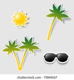 Sun, Palm Tree And Sunglasses Sticker Icon Set. Clipart Image