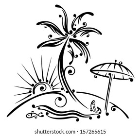 Sun with palm trees, beach and sea, vacation time