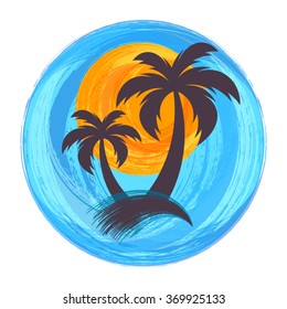 Sun and palm trees brush strokes vector illustration