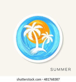 Sun and palm trees brush strokes vector label