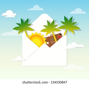 Sun and palm trees in the envelope. Vector image
