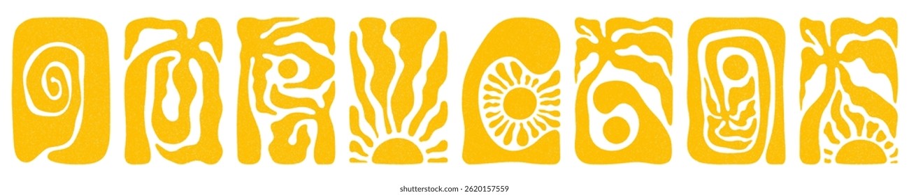 Sun, palm trees and ocean waves groovy vertical backgrounds set. Summer boho posters, vintage grainy texture, hand drawn wavy patterns in 60s, 70s. Modern retro Matisse style vector illustration