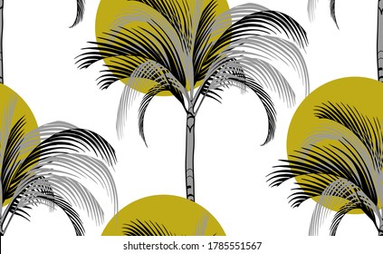 sun and palm tropical pattern on white background with silhouettes of gray palms vertically for unisex surface design