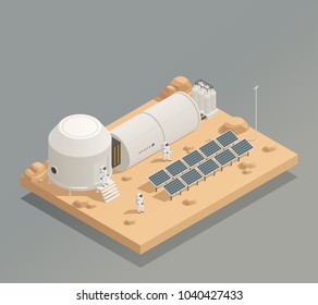 Sun panels energy generator facility on another planet surface and astronauts in spacesuits isometric composition vector illustration 
