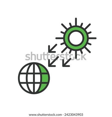 Sun part of the earth icon in line design green. Sun, part, earth, solar, system, light, energy, radiance, sunshine isolated on white background vector. Sun part of the earth editable stroke icon.