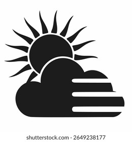 Sun partially hidden by cloud with sunrays in simple black and white design