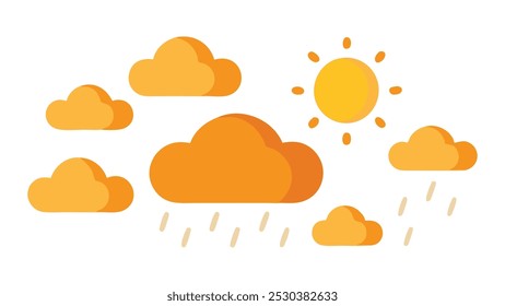 Sol parcialmente obscurecido por nuvens de chuva, ilustração isolada de vetor plano sobre fundo branco.