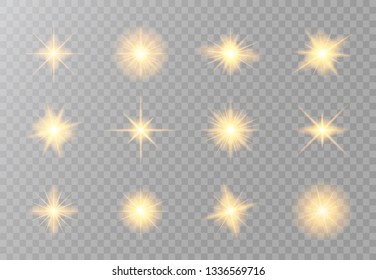 The sun particles and sparks with a highlight effect. Set of gold bright stars. Golden lights sparkles isolated. Star explodes on transparent background. Vector illustration.