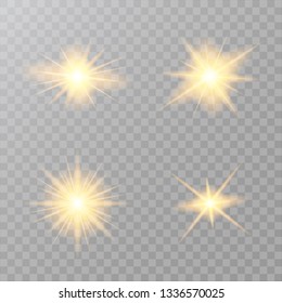 The sun particles and sparks with a highlight effect. Set of gold bright stars. Golden lights sparkles isolated. Star explodes on transparent background. Vector illustration.