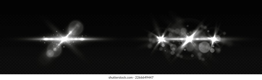 Sun particles and sparks with highlight effect. Transparent light flare. Lens flare sparkles, shiny glowing stars. Glare, lines, white explosion. Silver lights bokeh glitter or sequins, vector