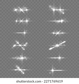 Sonnenpartikel und Funken mit Highlight-Effekt. Transparenter Lichtfleck. Linsen funkeln, glänzende Sterne. Esel, Linien, weiße Explosion. Silberlichter, Bokeh-Glitter oder -Sequenzen, Vektorgrafik