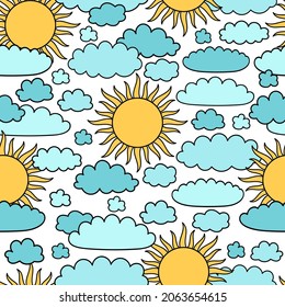 Sun pattern. Cartoon sun print. Night children background. Cartoon sun and cloud. Color pastel heavenly body. Bedtime stories. Sun texture. Kids backdrop.
