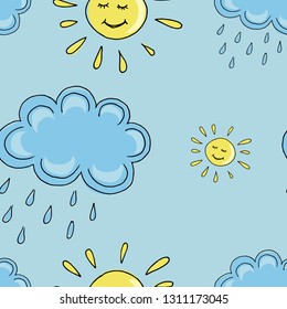 sun pattern, sun and clouds doodle background, seamless vector pattern hand drawn doodle sun and clouds on blue background, bright solar pattern for your design